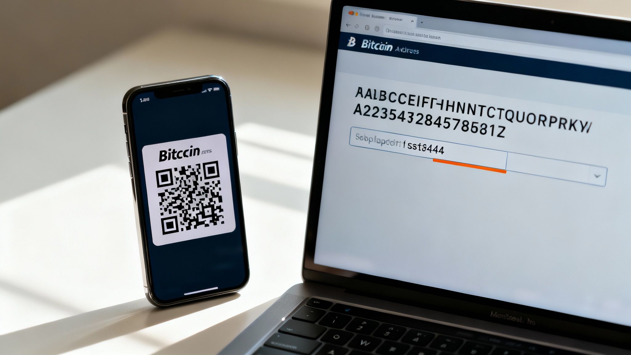 A smartphone displaying a Bitcoin QR code next to a laptop showing a crypto wallet address.
