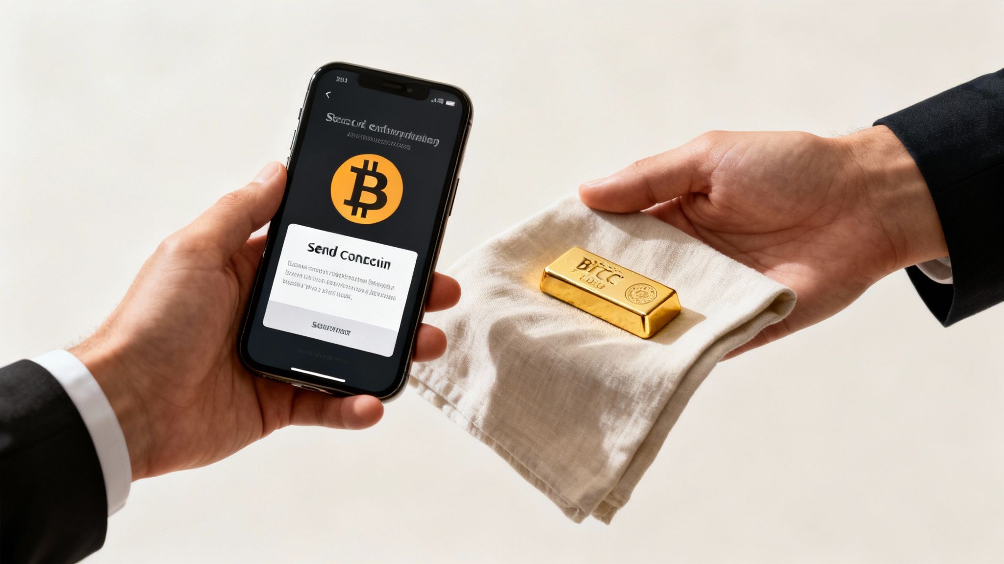 Hands exchanging cryptocurrency for physical gold, one holding a Bitcoin app and the other a gold bar.