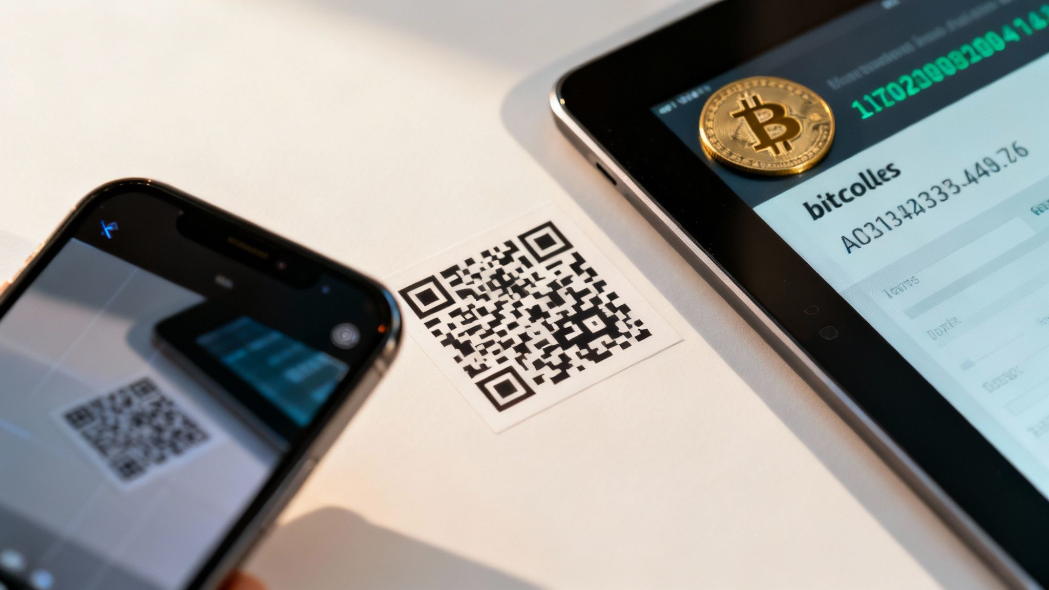 A QR code for a Bitcoin transaction displayed on a smartphone screen, ready for a customer to scan.