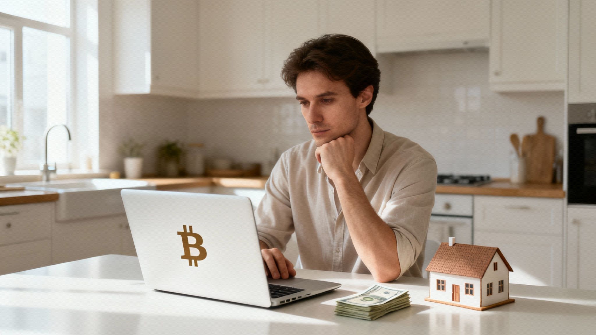 A man looking at a laptop with a Bitcoin logo, next to a house model and cash.