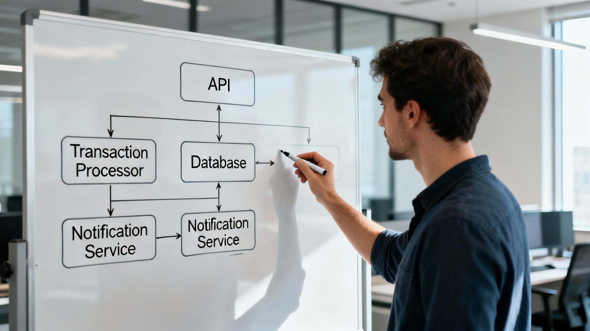 Software architect drawing payment gateway system architecture diagram on whiteboard showing API database integration