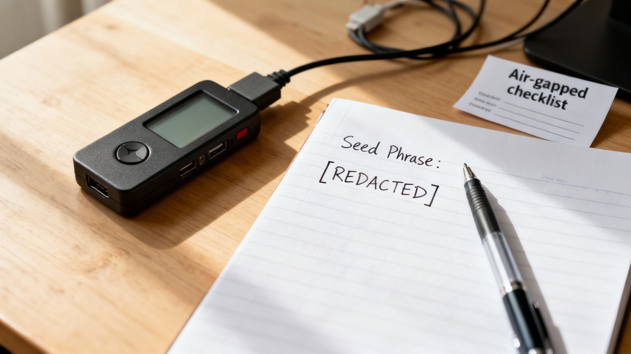 A hardware wallet, a notebook with a redacted seed phrase, a pen, and a checklist on a wooden desk.
