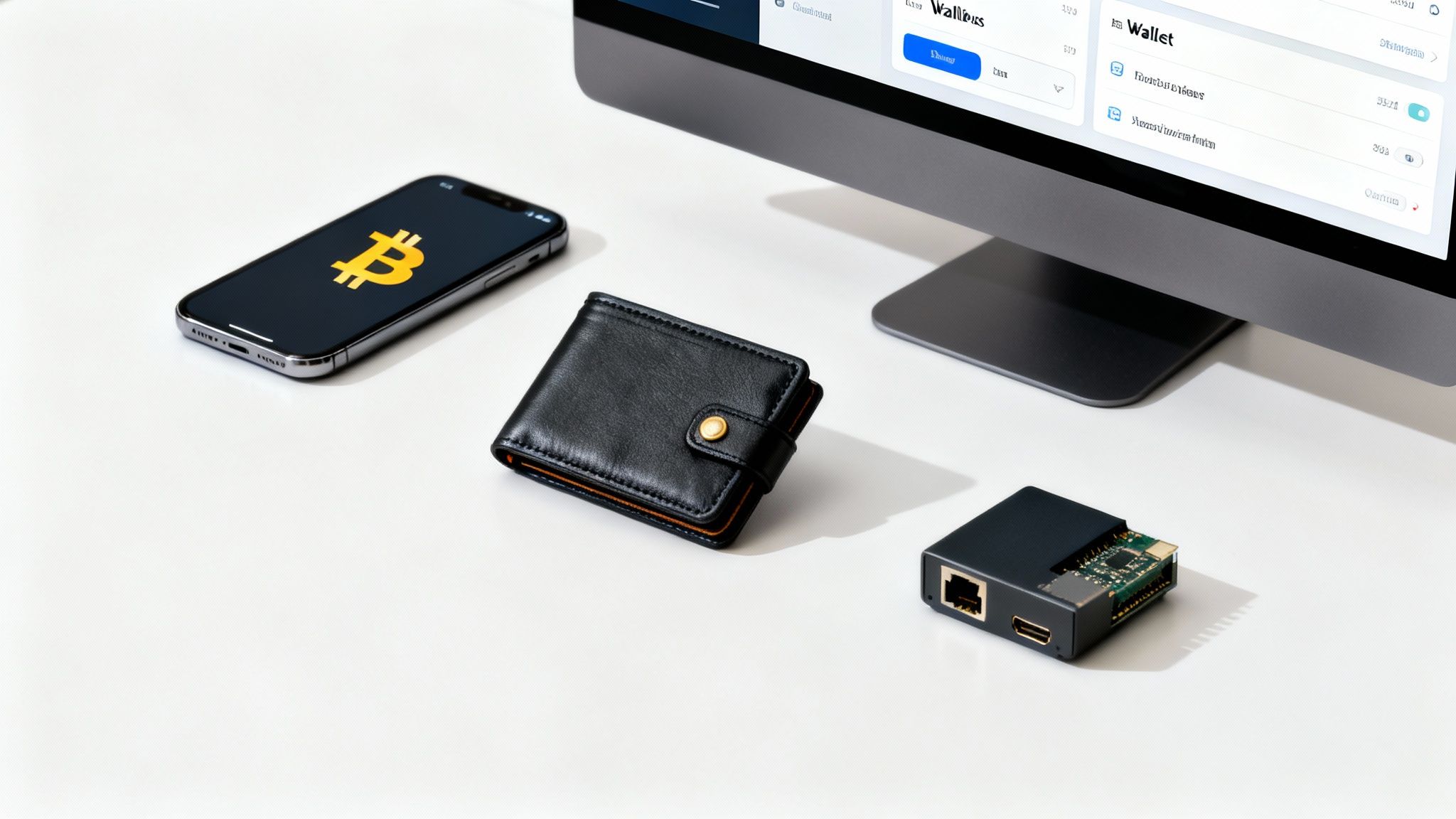 A person's hand holding a smartphone displaying a Bitcoin wallet interface, with a hardware wallet device nearby.