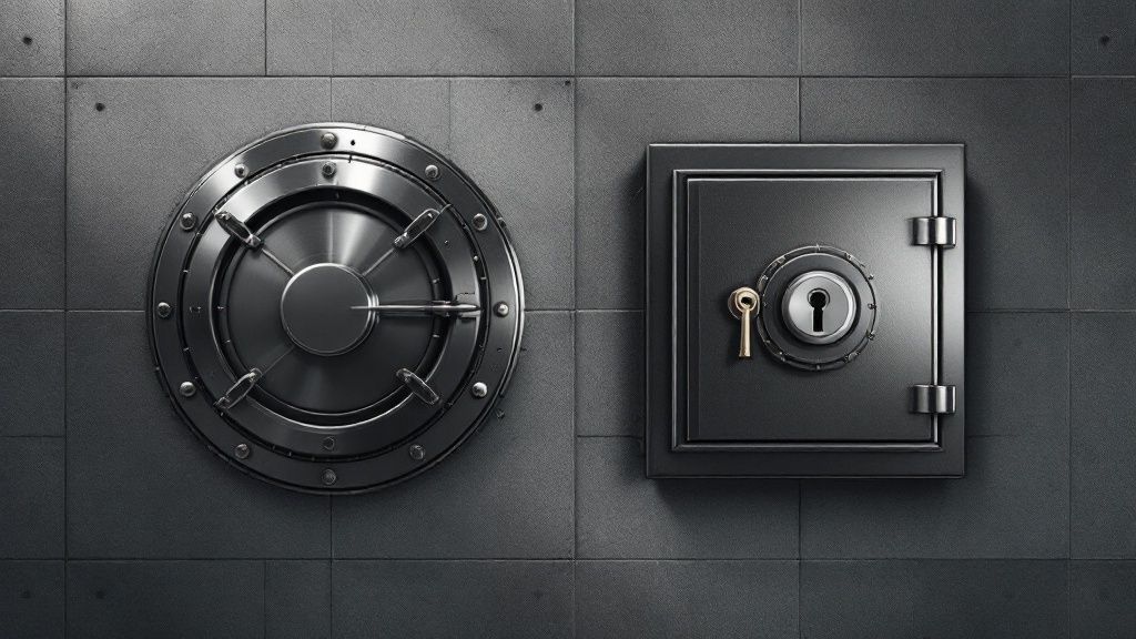 A single key with a complex, maze-like design, symbolizing the personal responsibility of securing a non-custodial Bitcoin wallet.