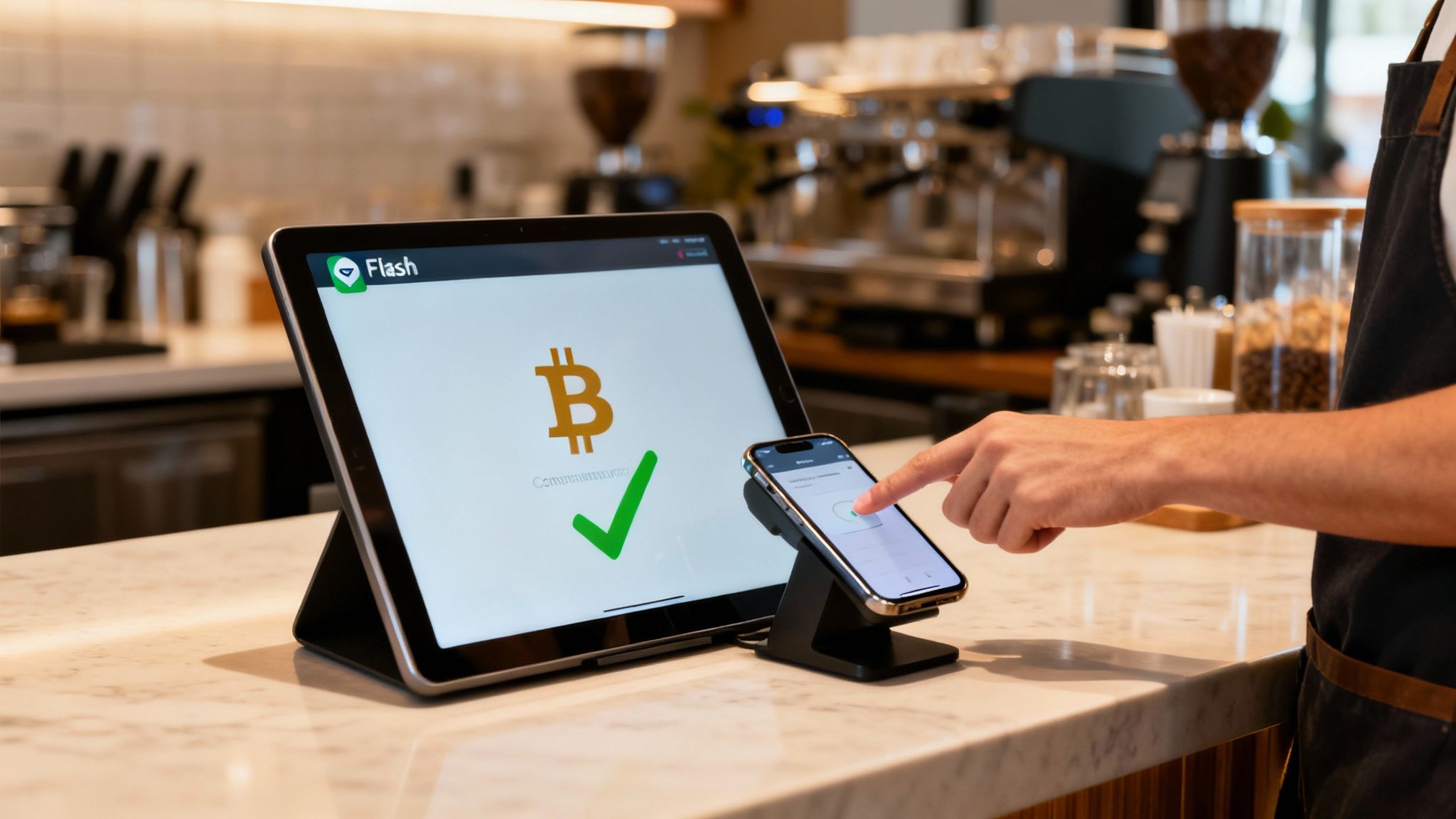 A barista processes a Bitcoin payment using a tablet and smartphone in a modern cafe setting.