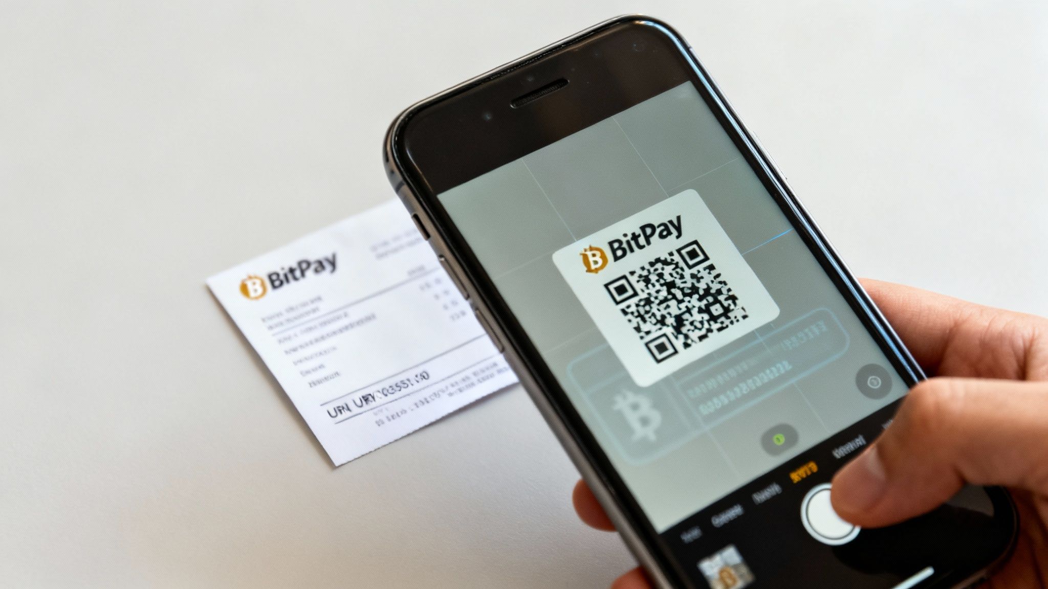 Hand holding a smartphone scanning a BitPay QR code for a cryptocurrency payment, with a receipt visible.