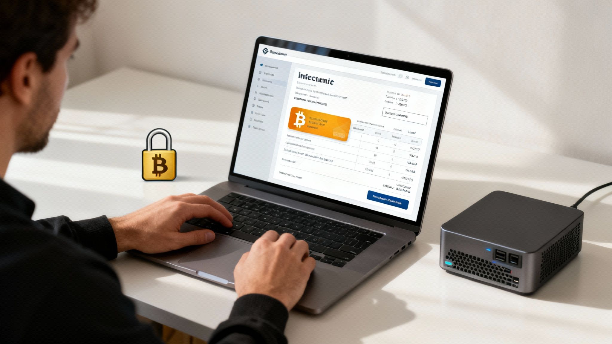 A person uses a laptop displaying an open-source invoice app with a Bitcoin padlock icon.