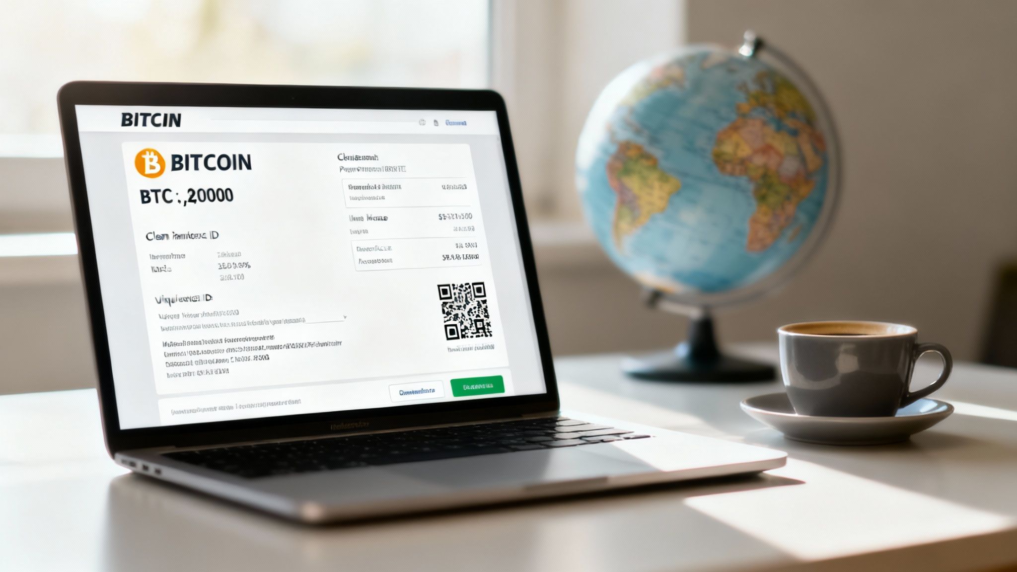 A laptop displays a Bitcoin payment request with a QR code, next to a globe and a coffee cup.
