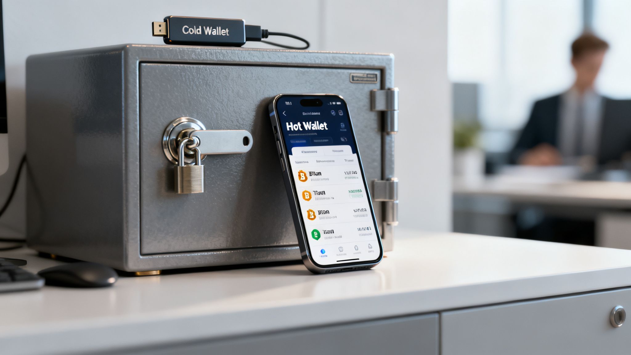 Smartphone showing crypto hot wallet app next to a safe with a cold wallet device.