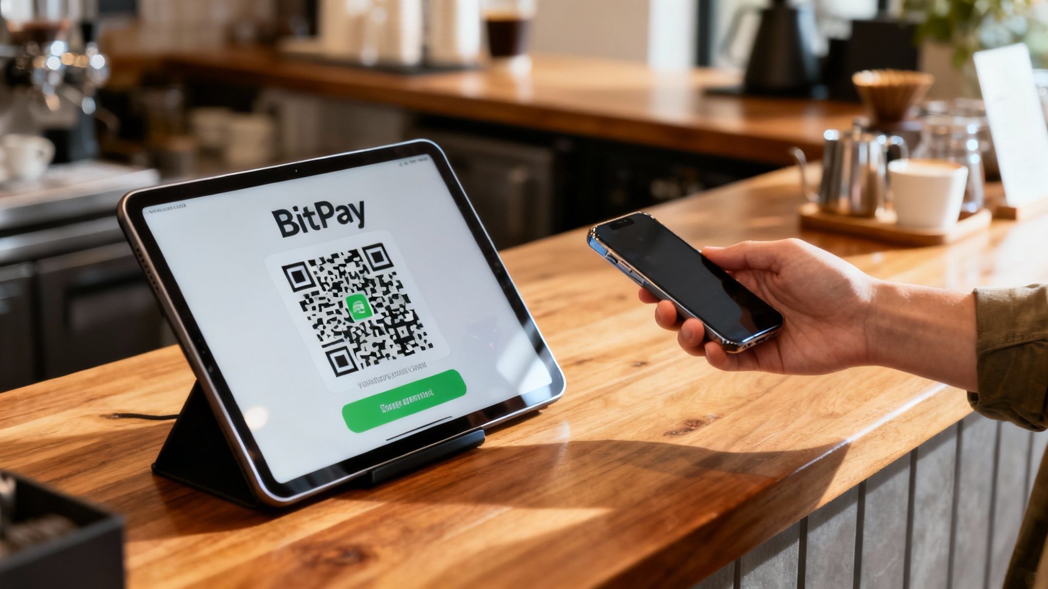 A person holds a smartphone near a tablet displaying a BitPay QR code for payment.
