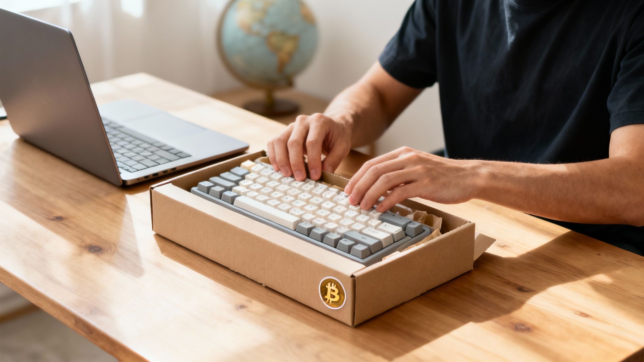 Merchants using a laptop and phone to manage Shopify crypto payments.