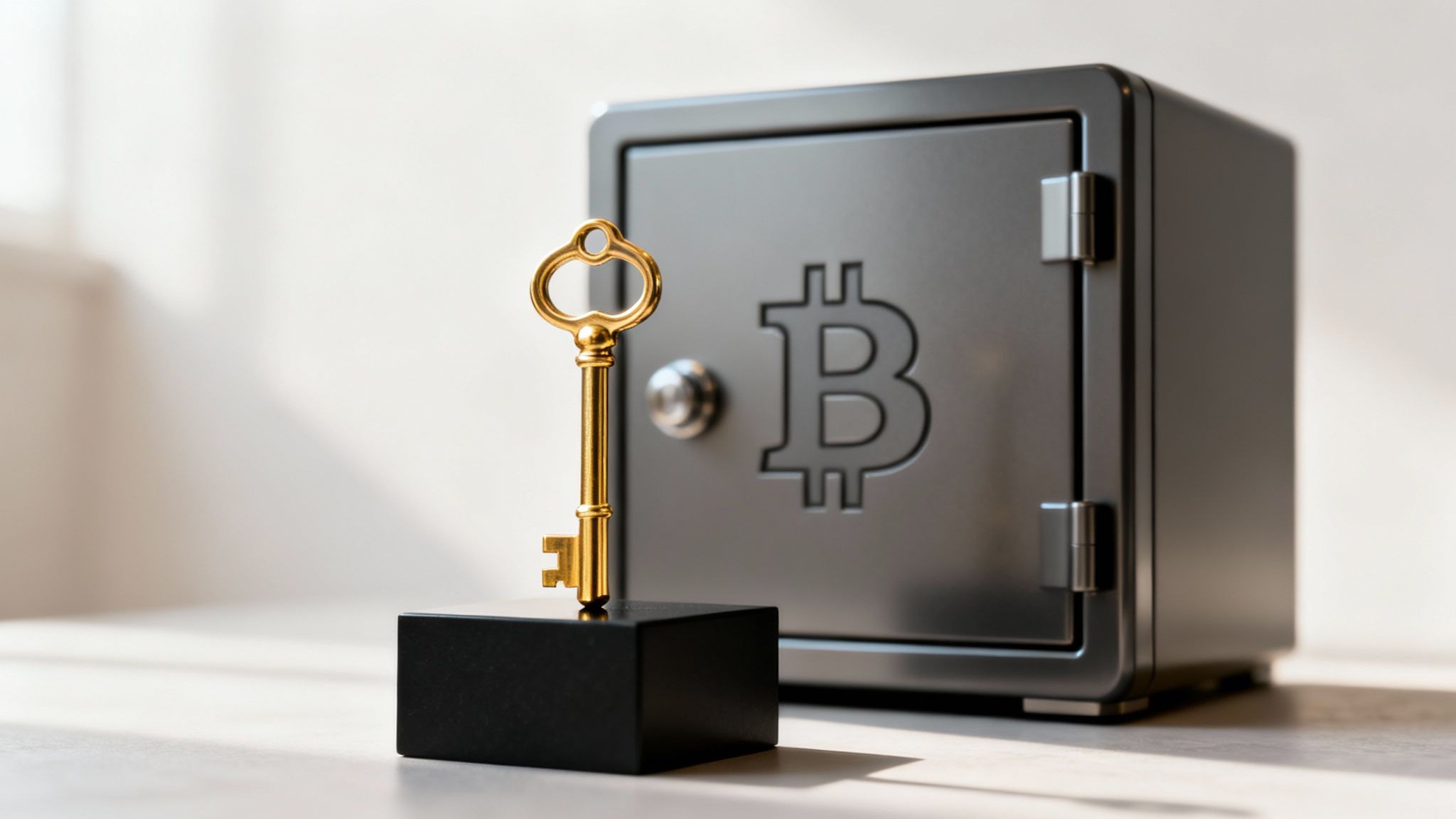 A golden antique key stands on a black block with a Bitcoin-branded safe in the background.