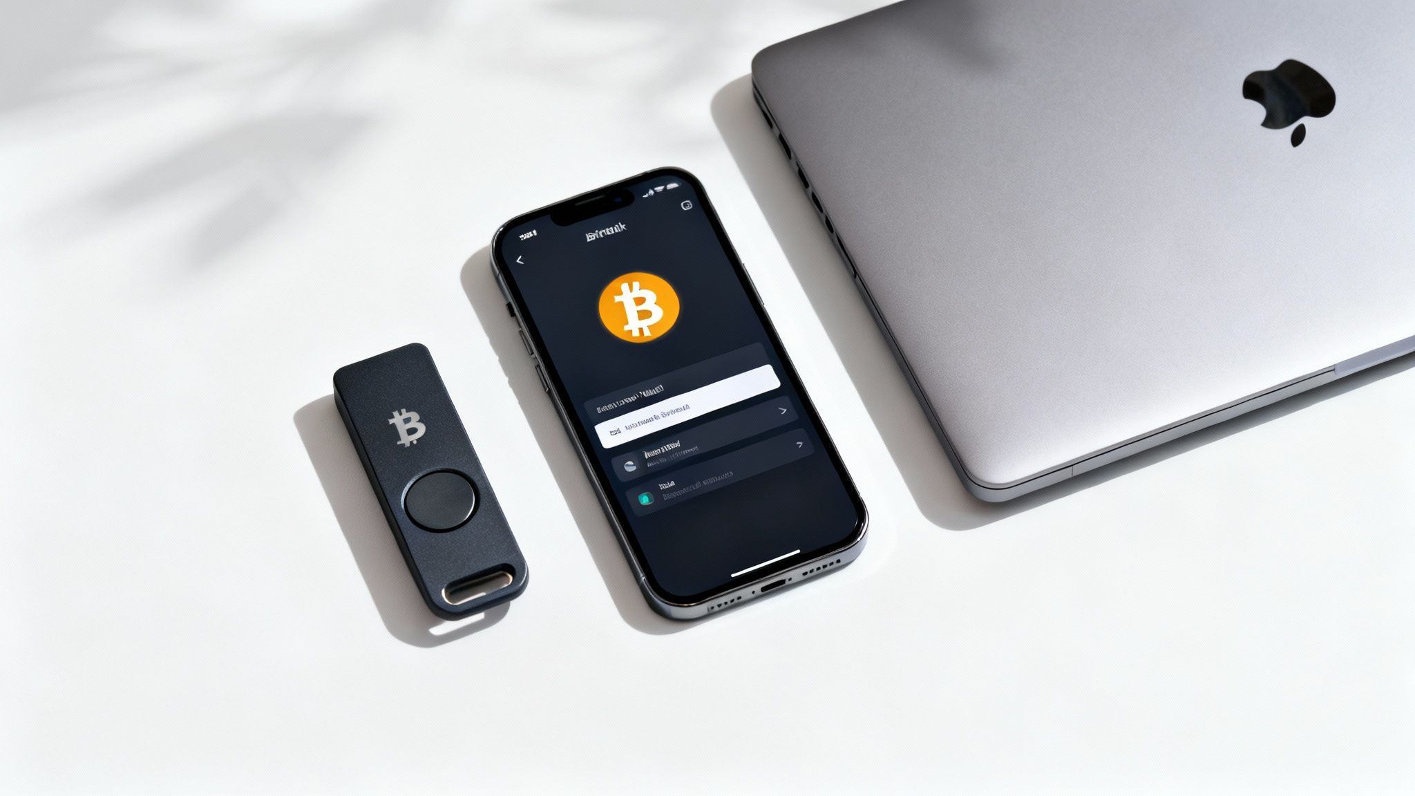 Bitcoin cryptocurrency hardware wallet USB device next to smartphone displaying Bitcoin app and MacBook laptop