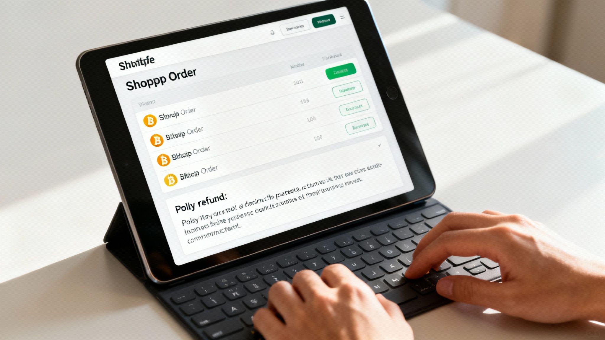 A person reviewing a Bitcoin transaction on a mobile phone for a Shopify refund.
