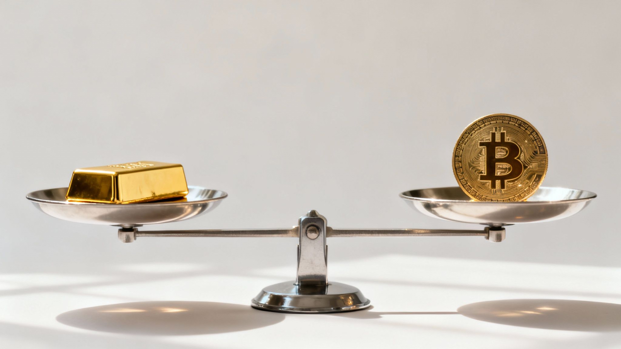 A classic balance scale comparing a shiny gold bar with a gold Bitcoin coin.
