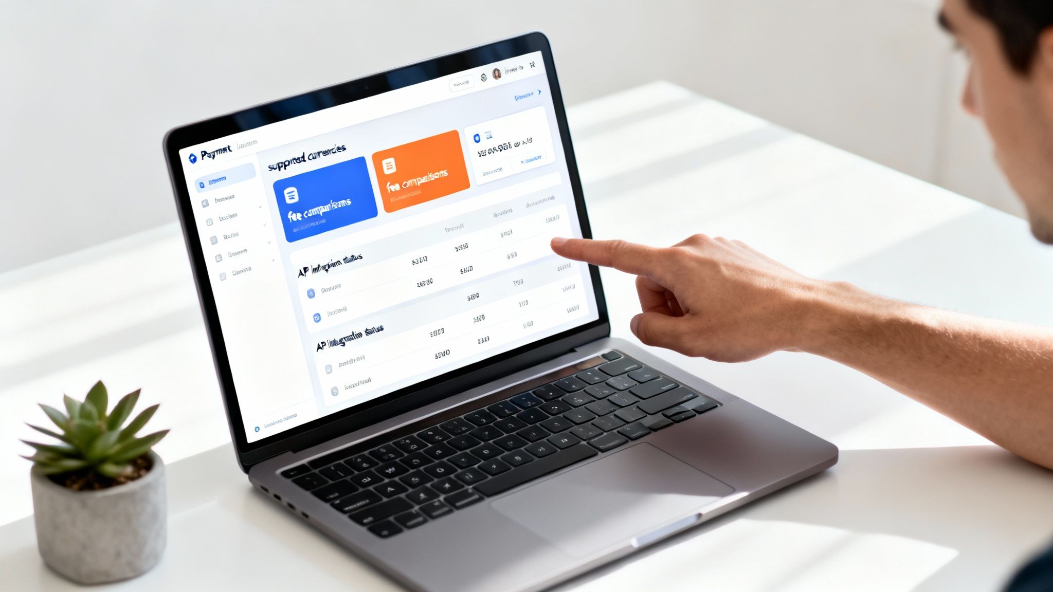 A person at a desk carefully evaluating different global payment providers on a screen, with currency symbols floating around them.