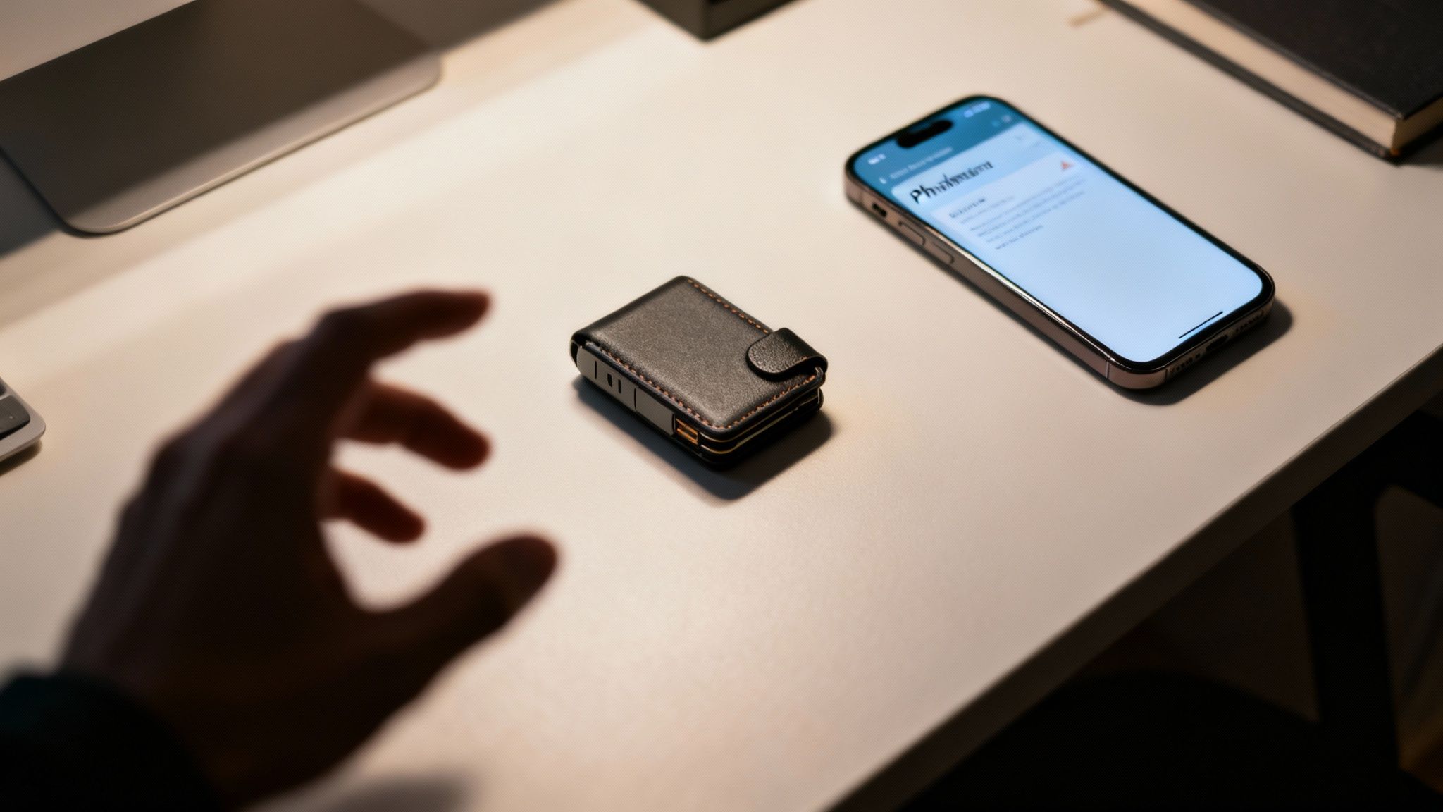 A hand reaching for a black leather hardware wallet next to a smartphone on a desk.