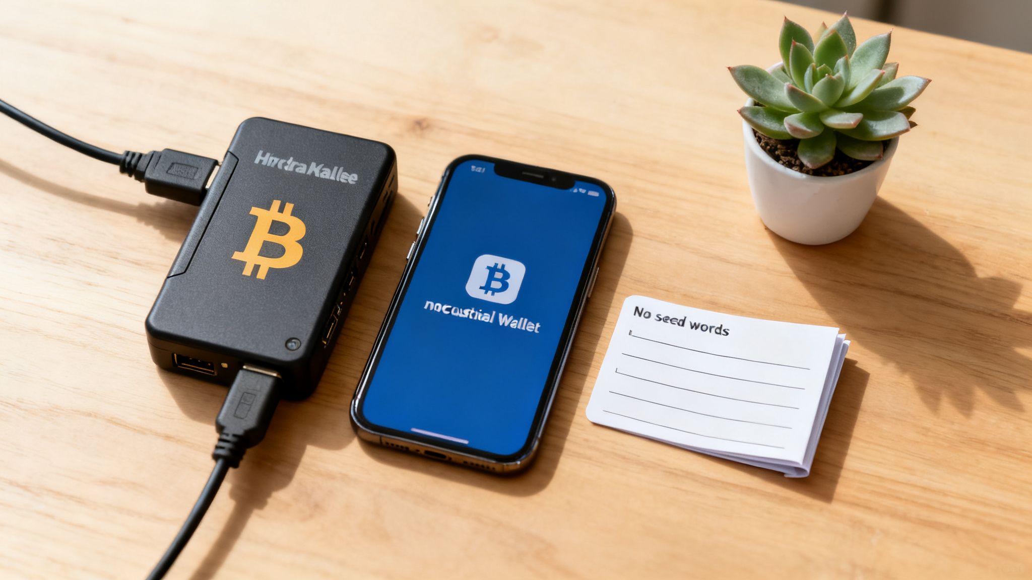 A Bitcoin hardware wallet, smartphone with a crypto app, and 'no seed words' cards on a wooden table.