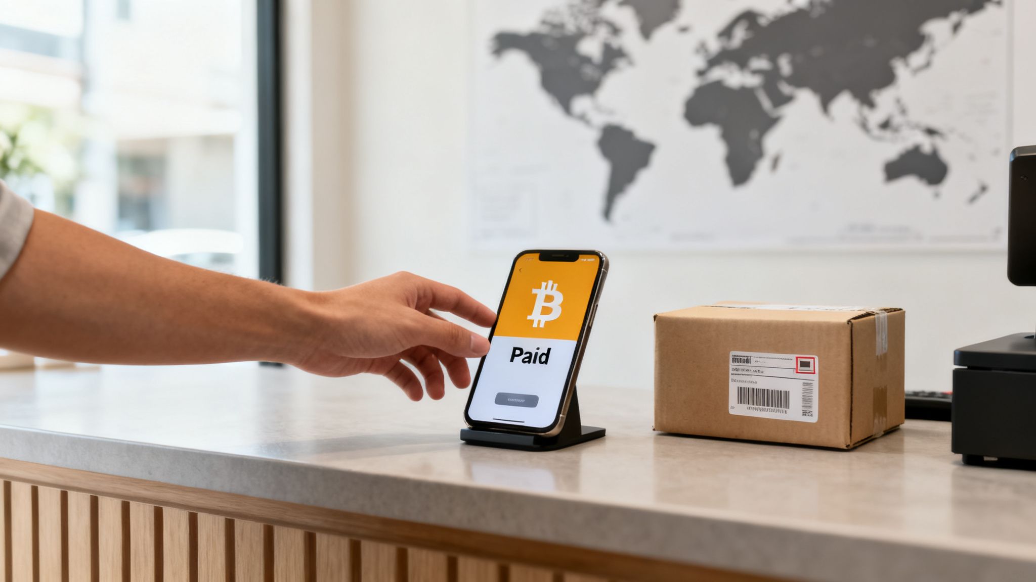 A hand interacts with a smartphone displaying a Bitcoin paid screen next to a shipping box on a counter.
