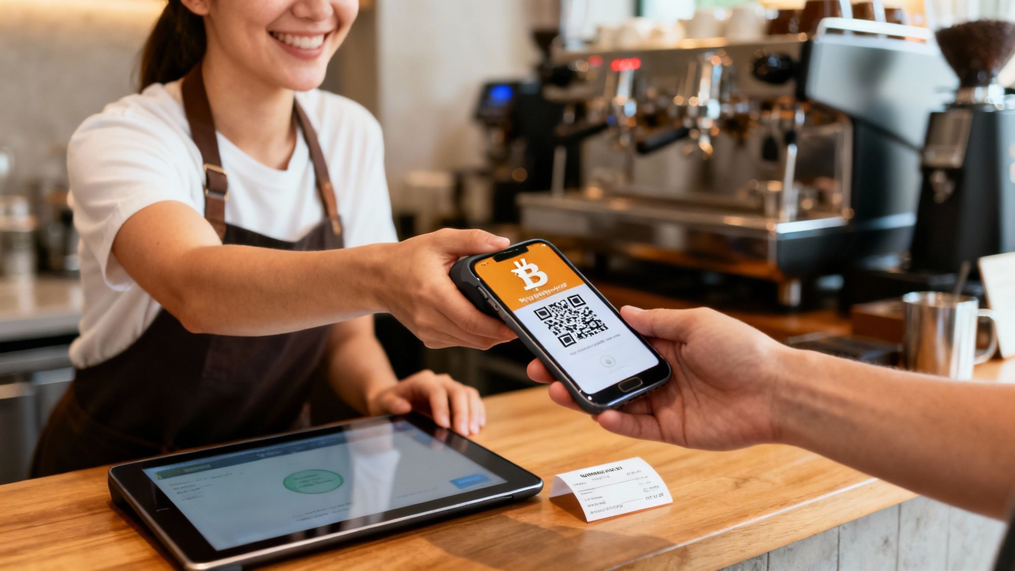 A smiling barista accepts a Bitcoin payment via QR code on a smartphone from a customer.