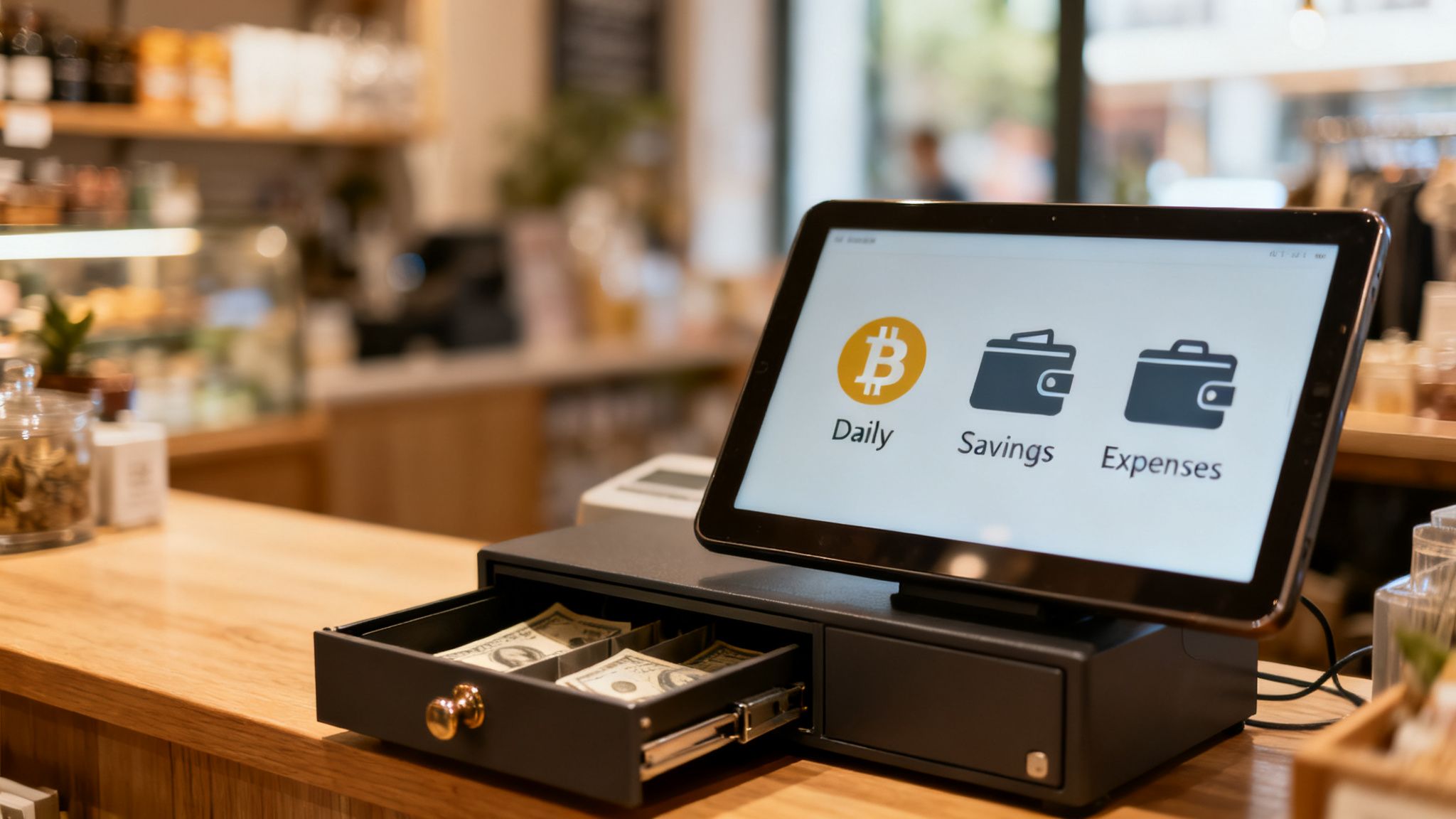 A tablet displaying a crypto wallet app with Bitcoin and traditional money management options on a cash register.