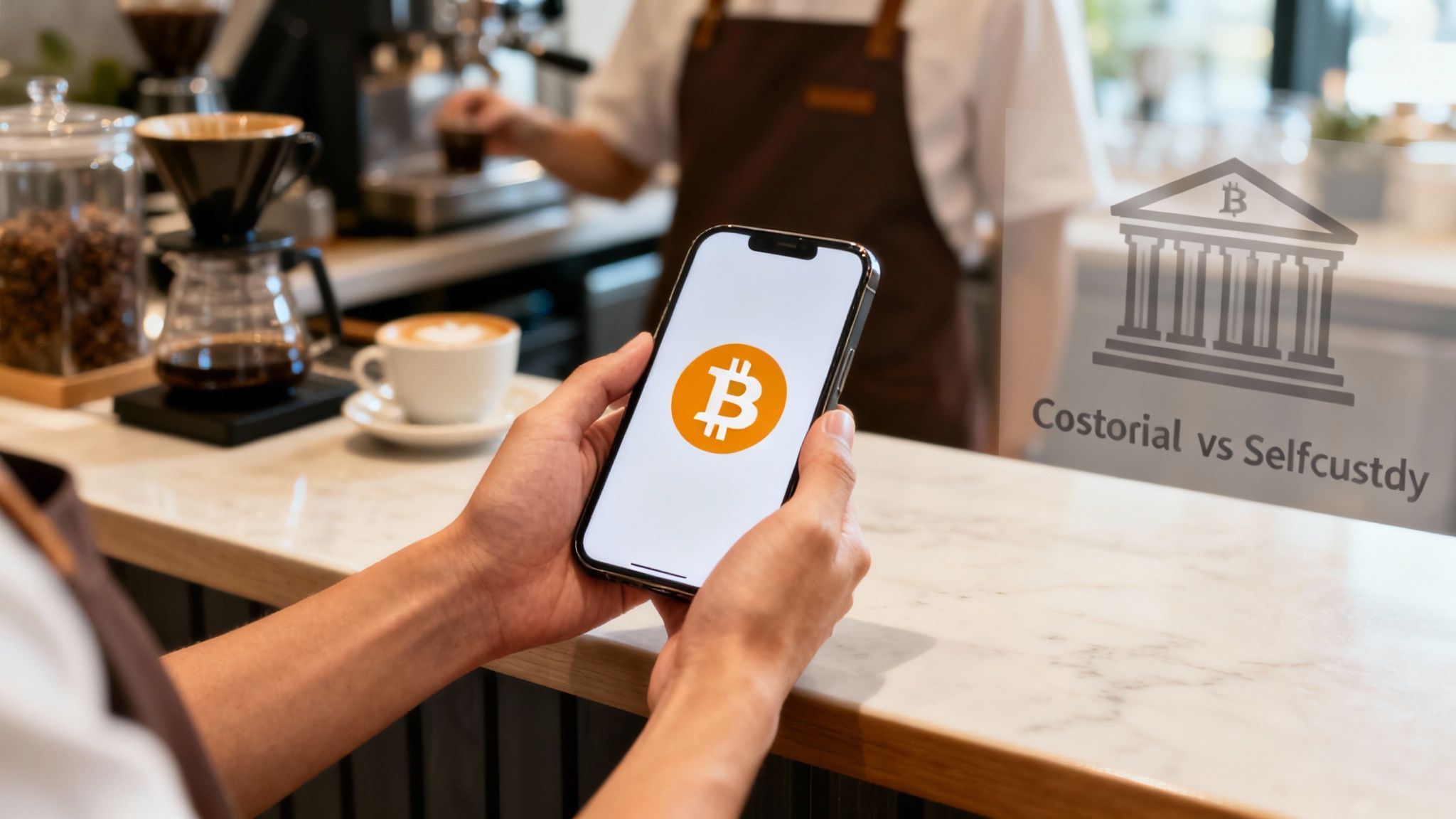 A person holding a smartphone with the Bitcoin logo, discussing custodial vs self-custody in a cafe.