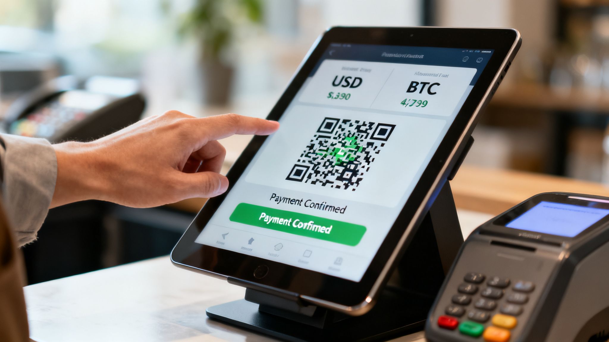 A person's hand touches a tablet displaying a QR code for a confirmed crypto payment.
