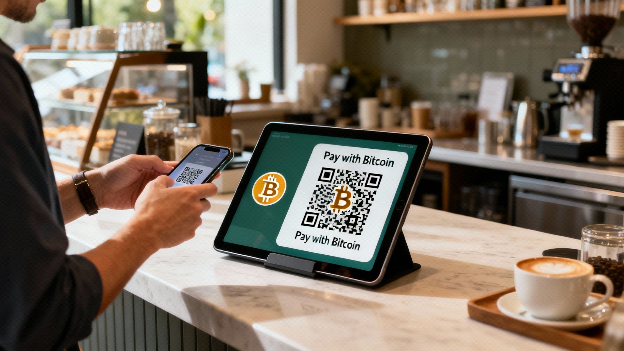 A customer scans a Bitcoin QR code on a tablet, paying with their smartphone at a cafe.