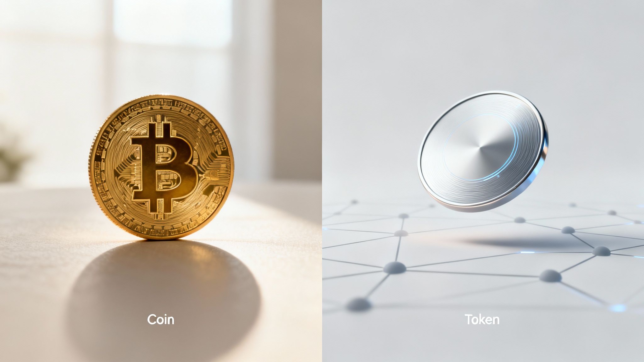 A split image showing a golden Bitcoin coin on the left and a silver digital token on the right, illustrating their differences.