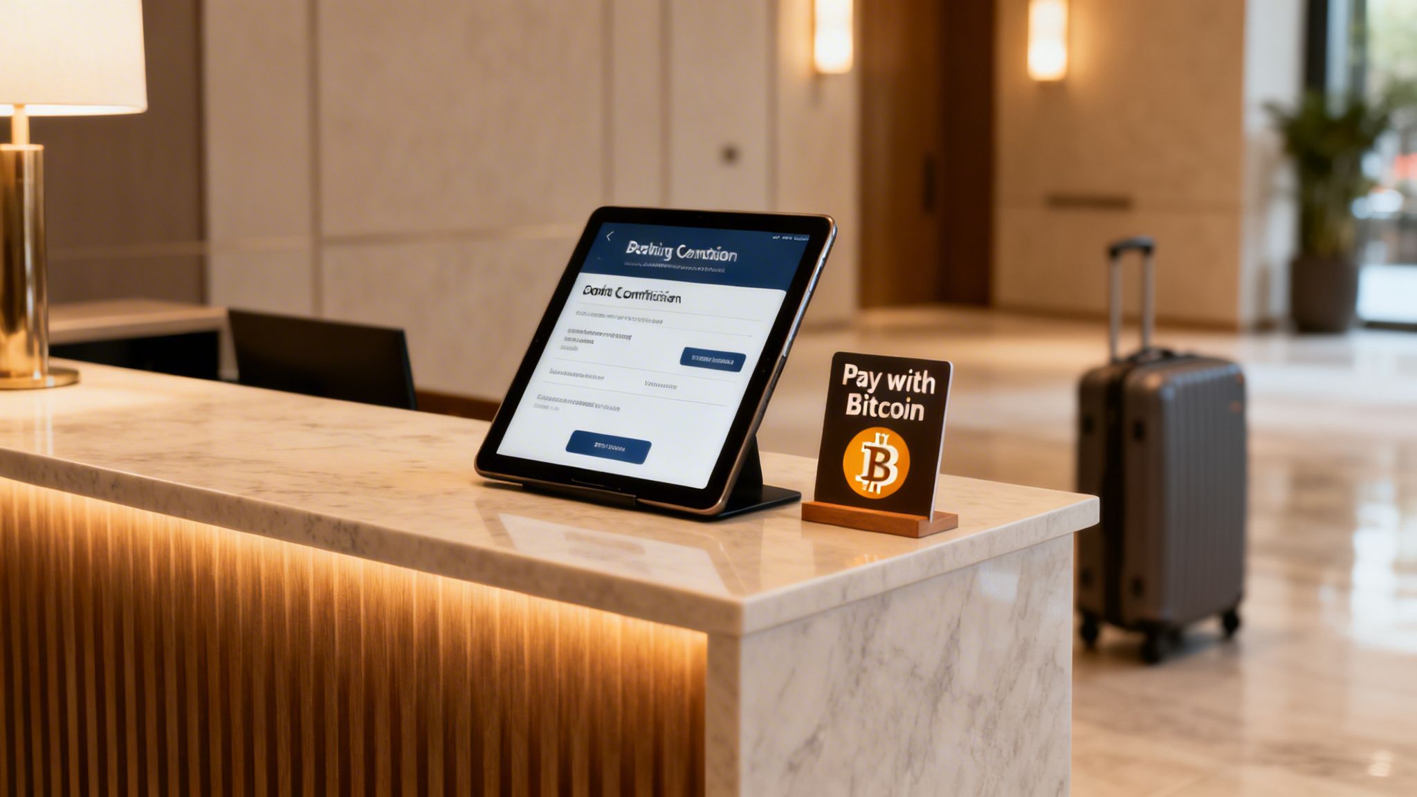 Hotel reception desk with a tablet displaying a booking confirmation and a 'Pay with Bitcoin' sign.