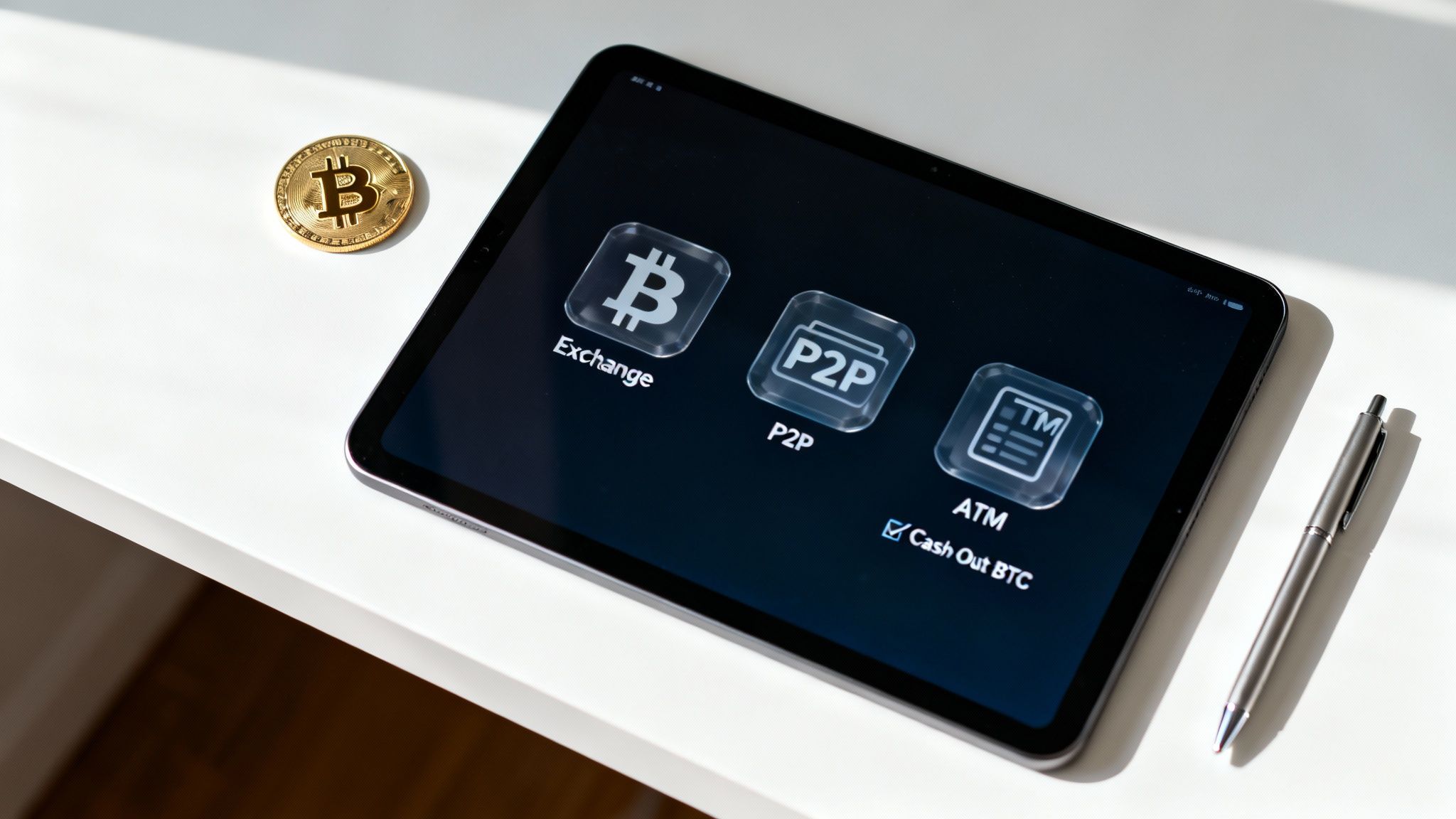 A Bitcoin coin next to a tablet displaying cryptocurrency exchange, P2P, and ATM cash-out options.