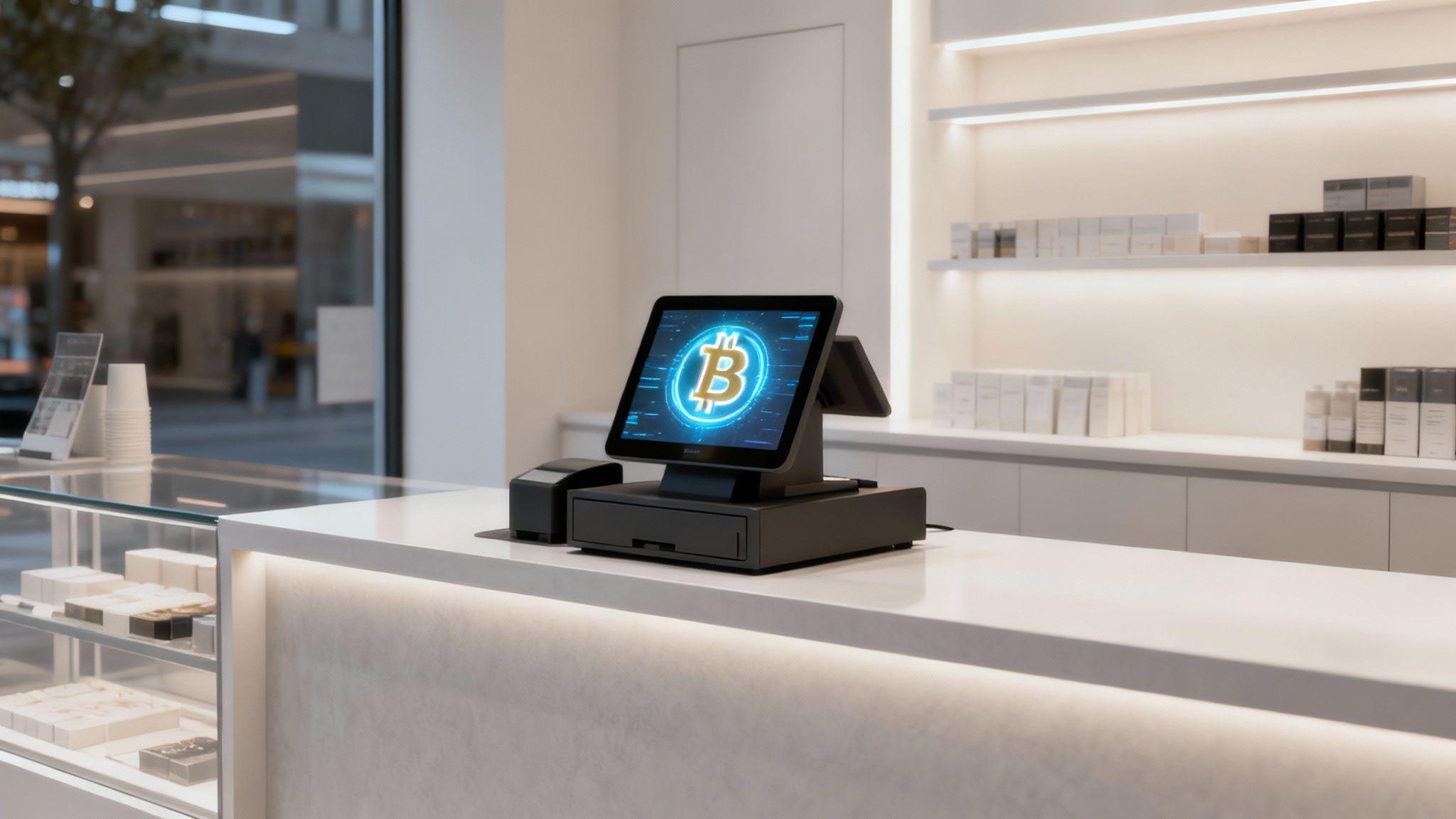 A modern point-of-sale system displaying a Bitcoin payment option, illustrating business adoption.