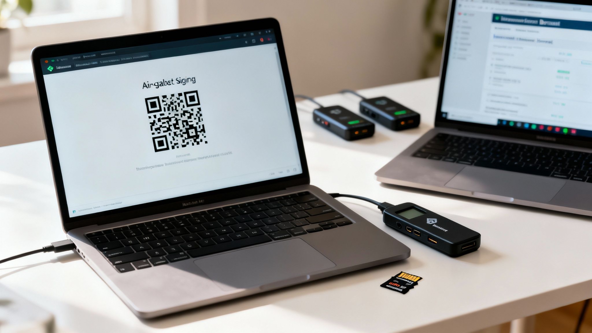 Two laptops, several crypto hardware wallets, and a microSD card on a desk, one screen showing a QR code for signing.