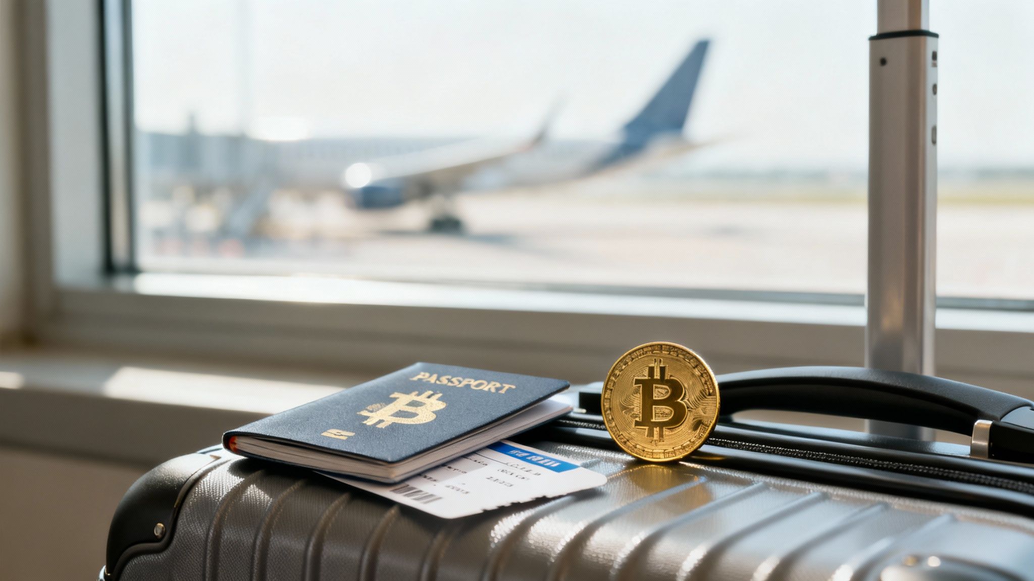A Bitcoin-branded passport, plane ticket, and gold Bitcoin coin on a suitcase at an airport.
