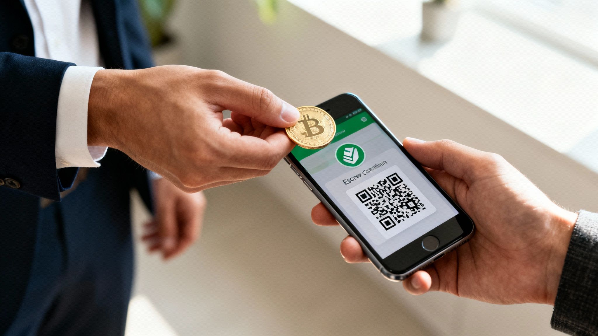 Close-up of hands exchanging a Bitcoin coin near a smartphone displaying a crypto QR code.