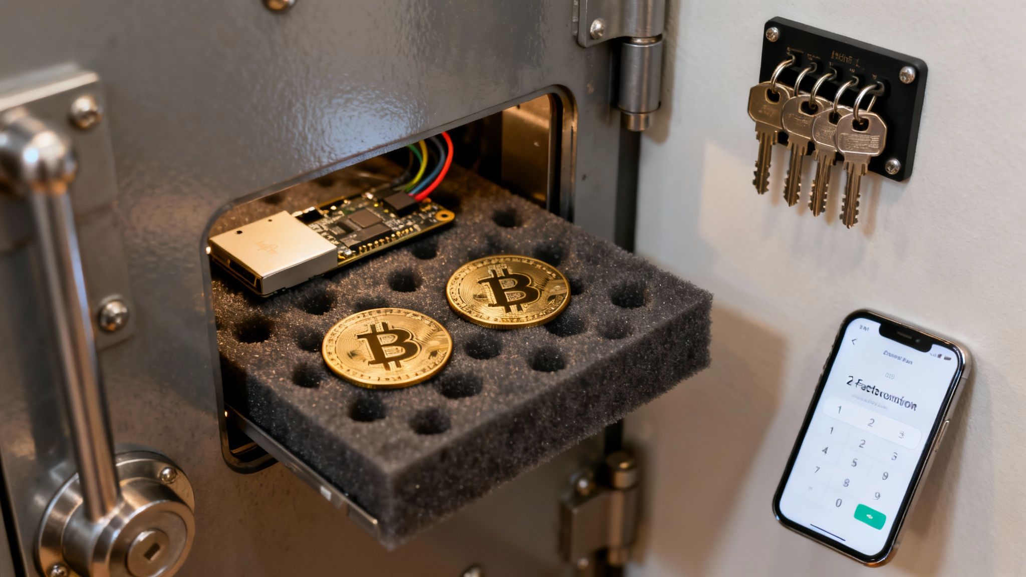 Open safe containing Bitcoin coins, a hardware wallet, keys, and an iPhone with 2FA.