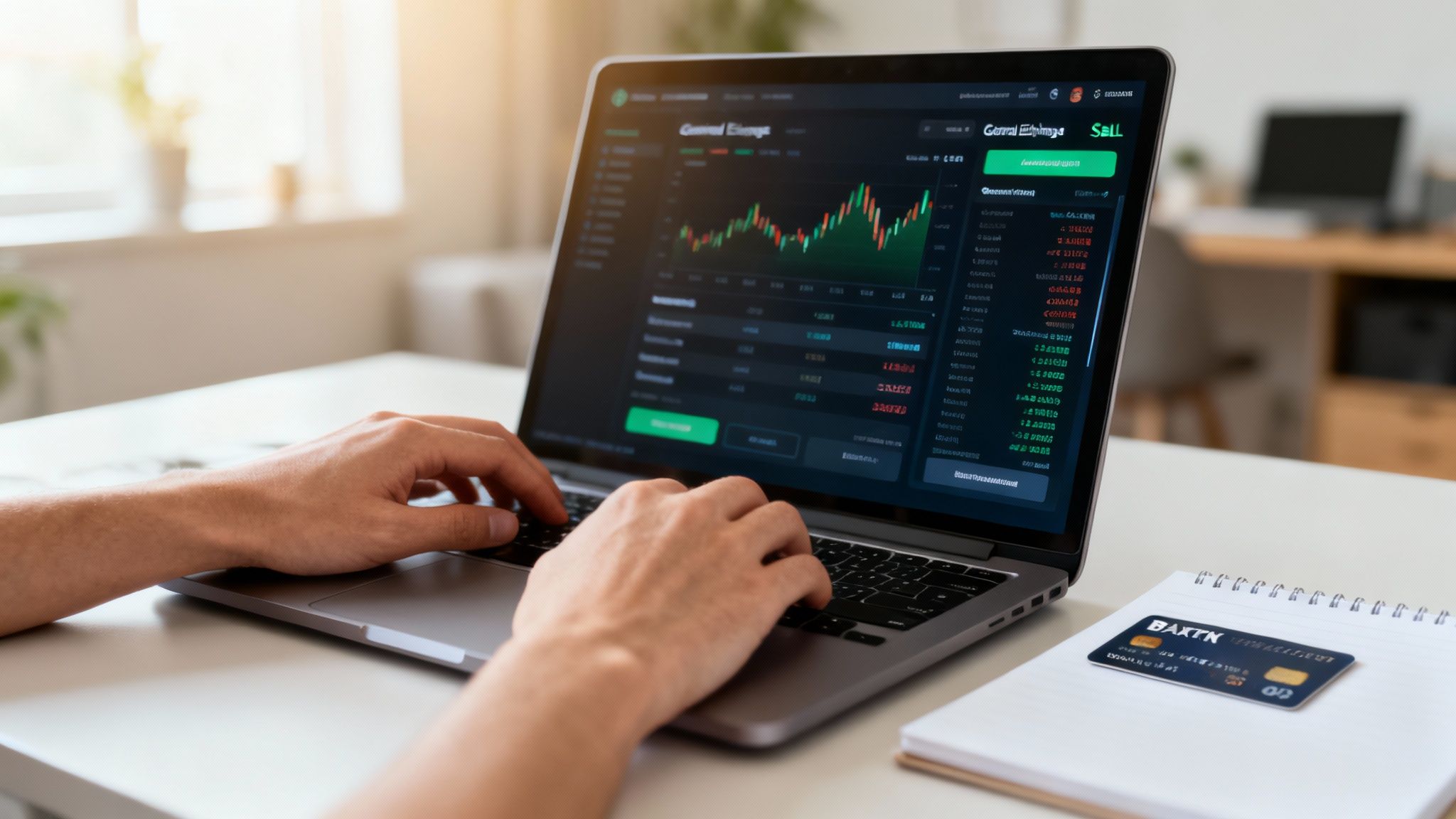 Hands typing on a laptop displaying a cryptocurrency exchange platform with green charts, next to a debit card and notebook.