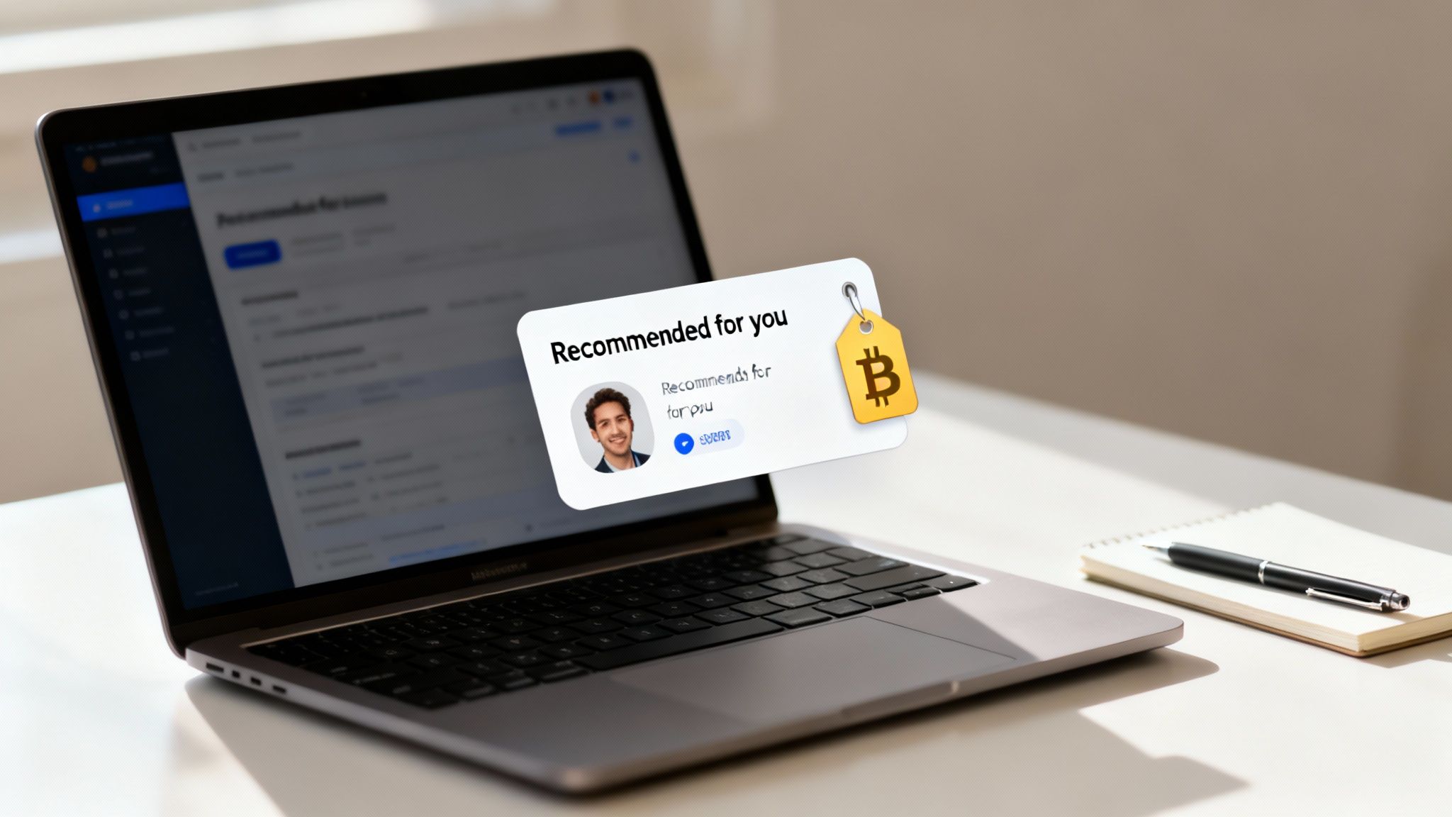 A laptop on a desk showing a 'Recommended for you' card with a profile photo and Bitcoin tag.
