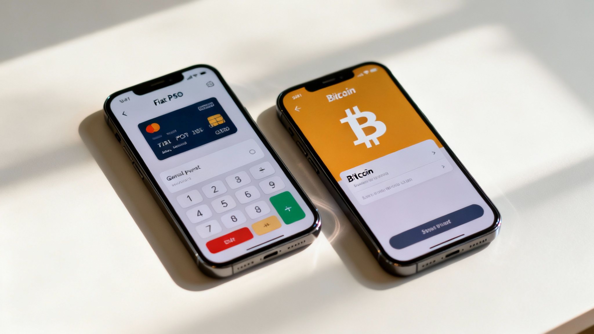 Two smartphones on a white surface, one showing a payment app and the other a Bitcoin app.