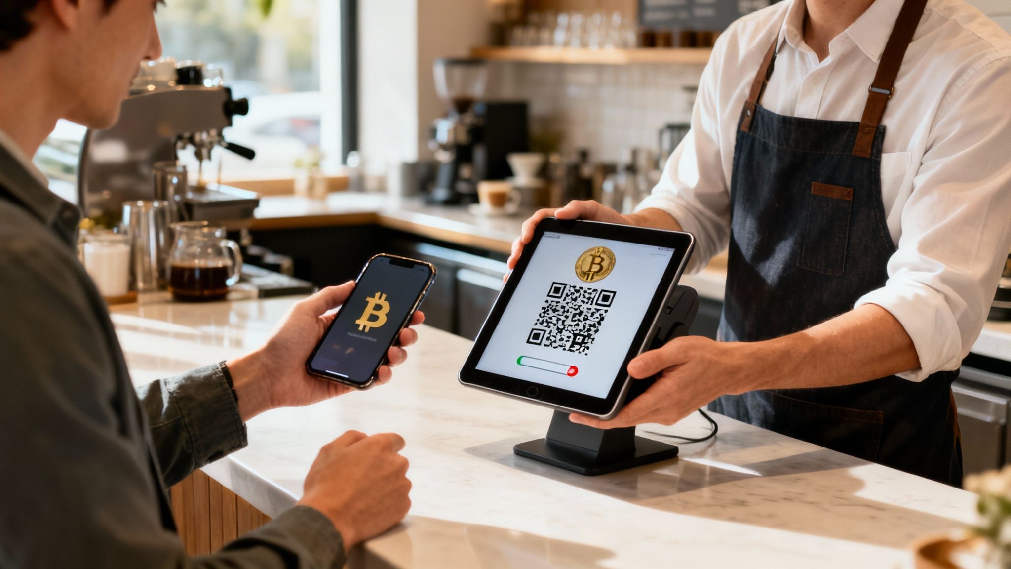 Customer uses a smartphone crypto wallet to scan a QR code on a barista's tablet for payment.
