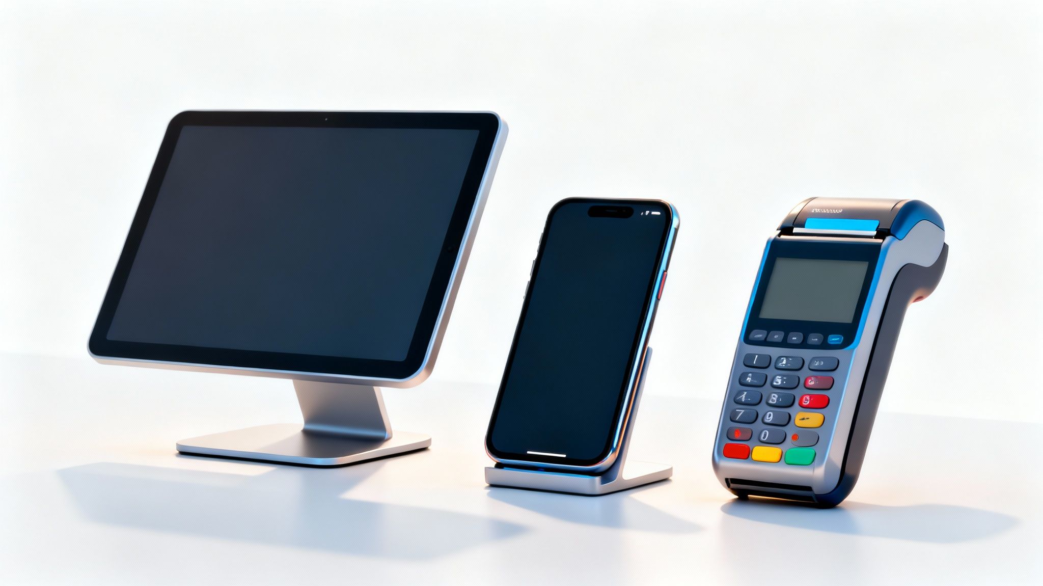 A person using a modern restaurant POS system terminal to process a payment.