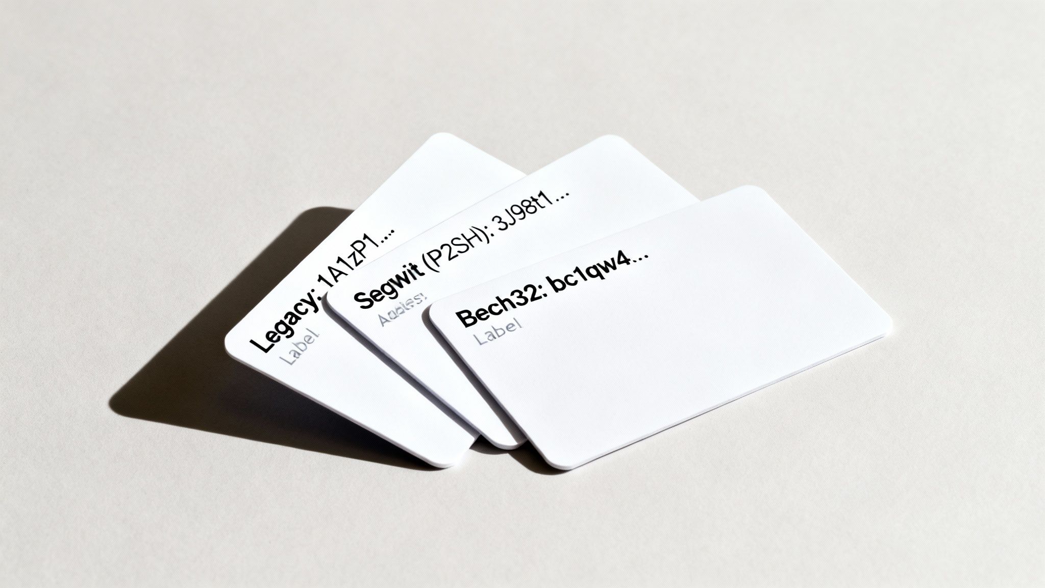 Three white cards displaying different Bitcoin wallet address types and labels on a light background.