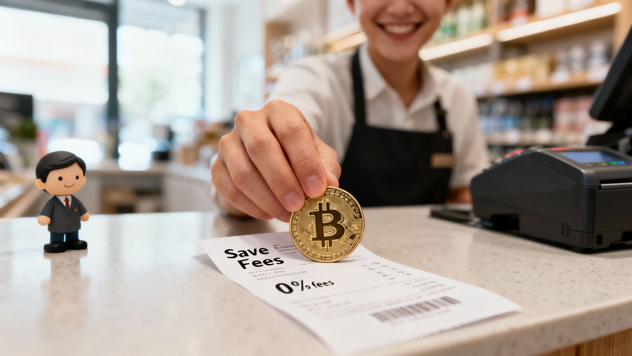 A smiling cashier holds a Bitcoin coin over a receipt promoting "Save Fees, 0% fees" for payment.