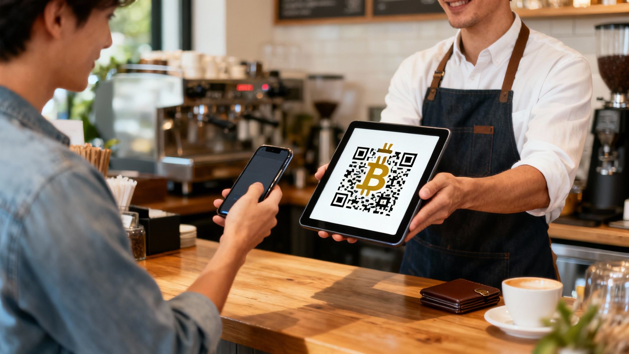 Customer scanning a Bitcoin QR code on a tablet held by a barista for cryptocurrency payment.