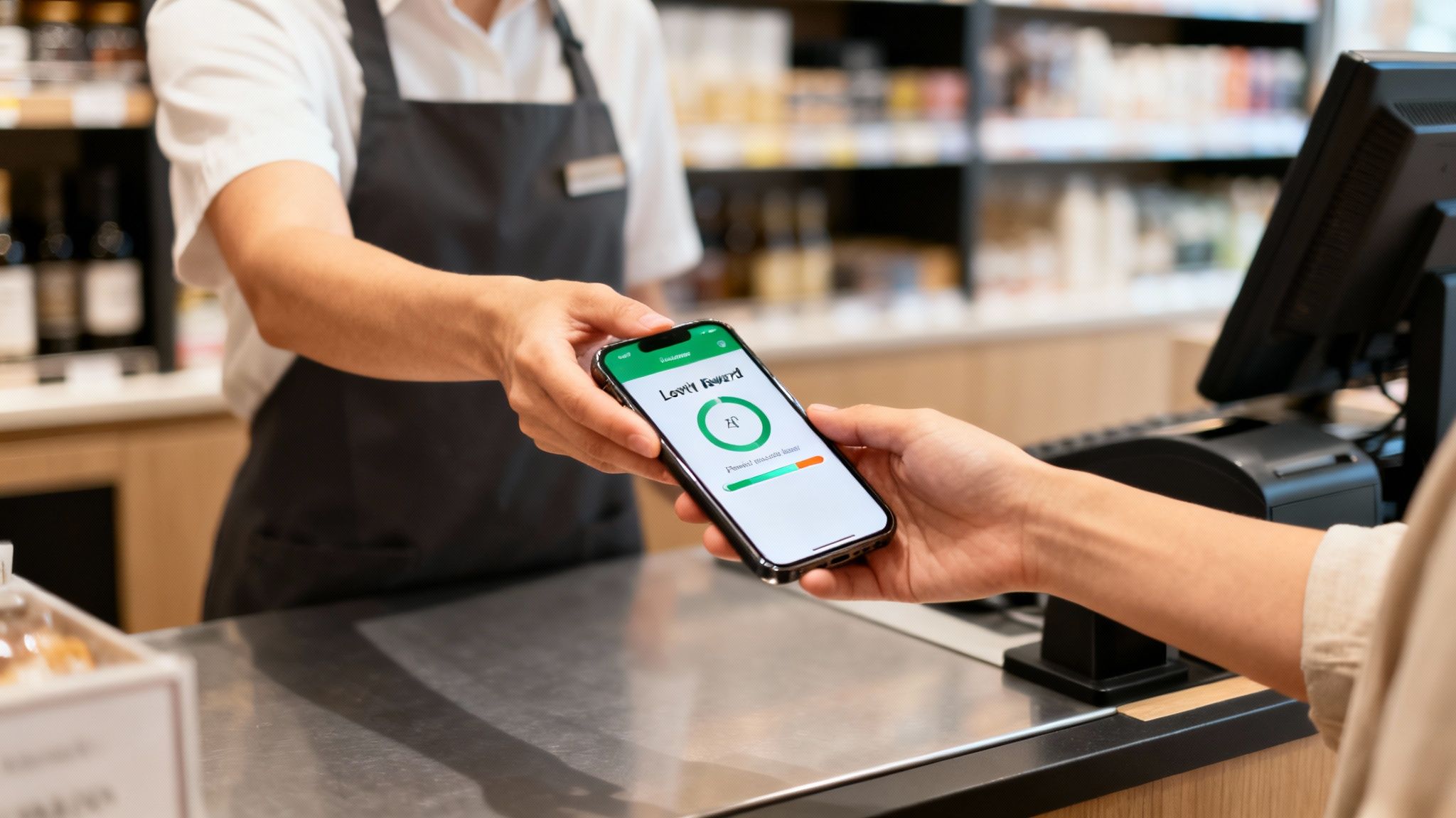 A customer uses a smartphone with a loyalty reward app to interact with a cashier at a checkout counter.