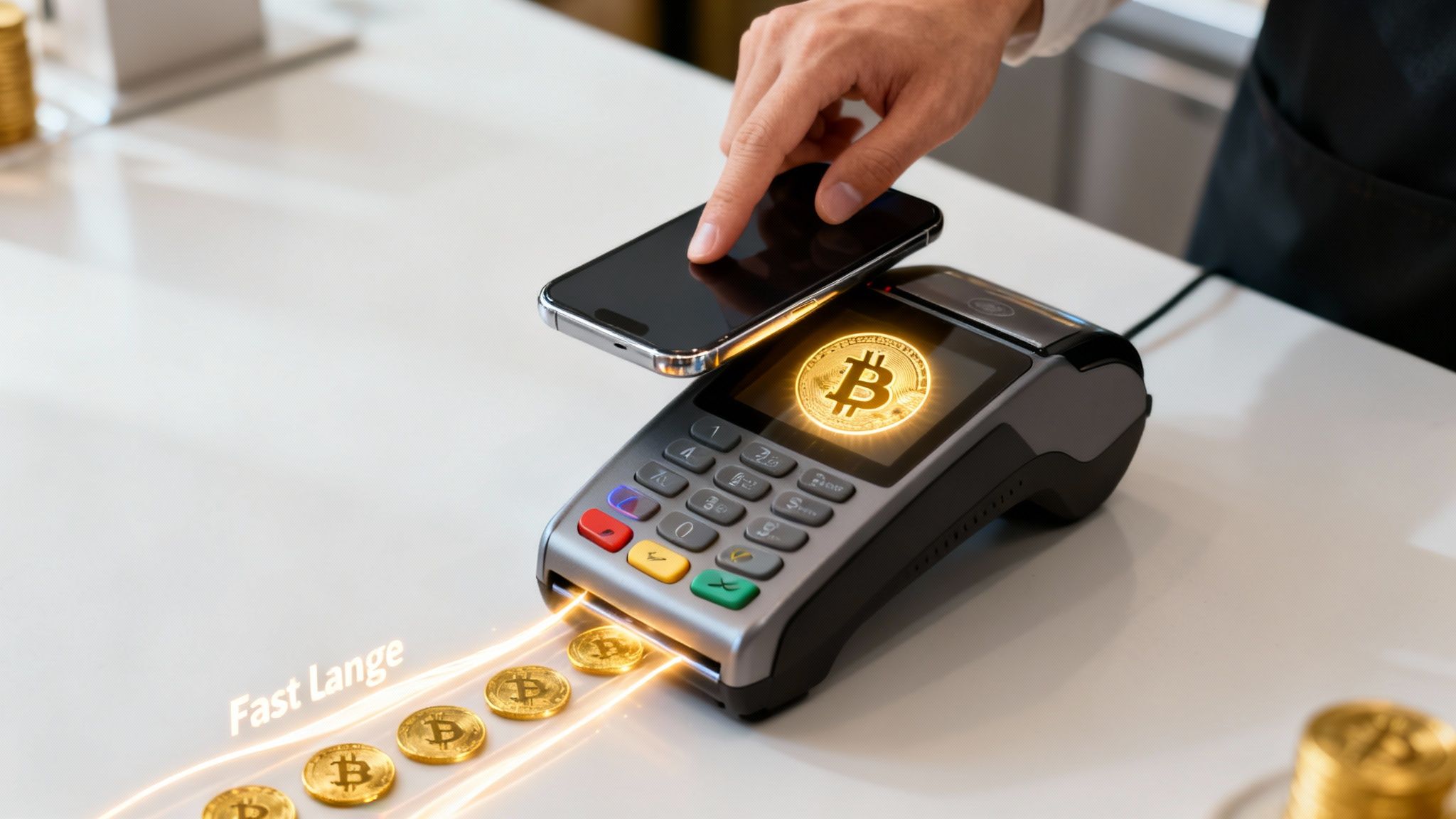 Person tapping smartphone for Bitcoin payment on POS terminal, showing crypto coins flowing out.