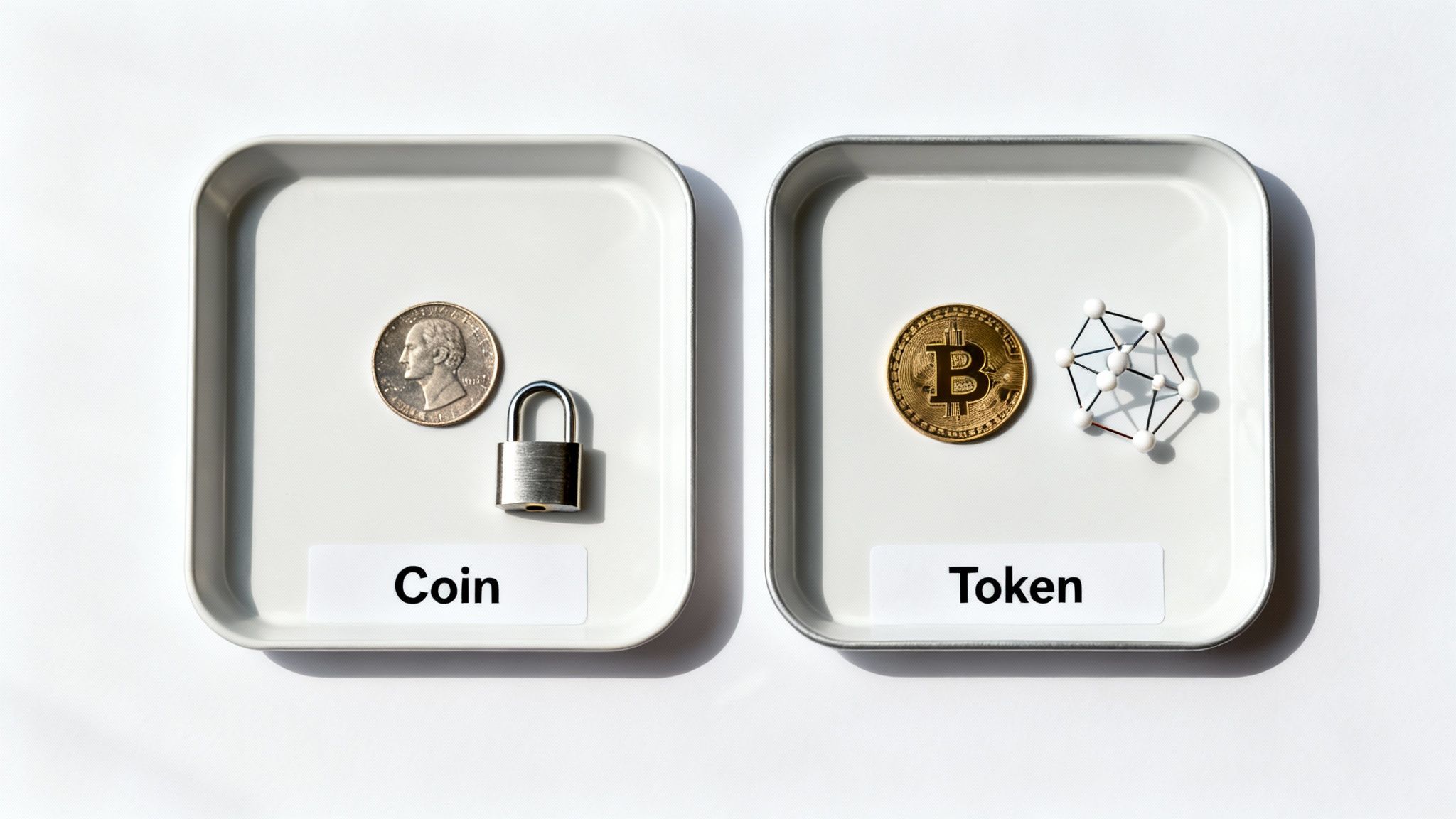 Two trays: one shows a coin and padlock for 'Coin', the other a Bitcoin and network for 'Token'.