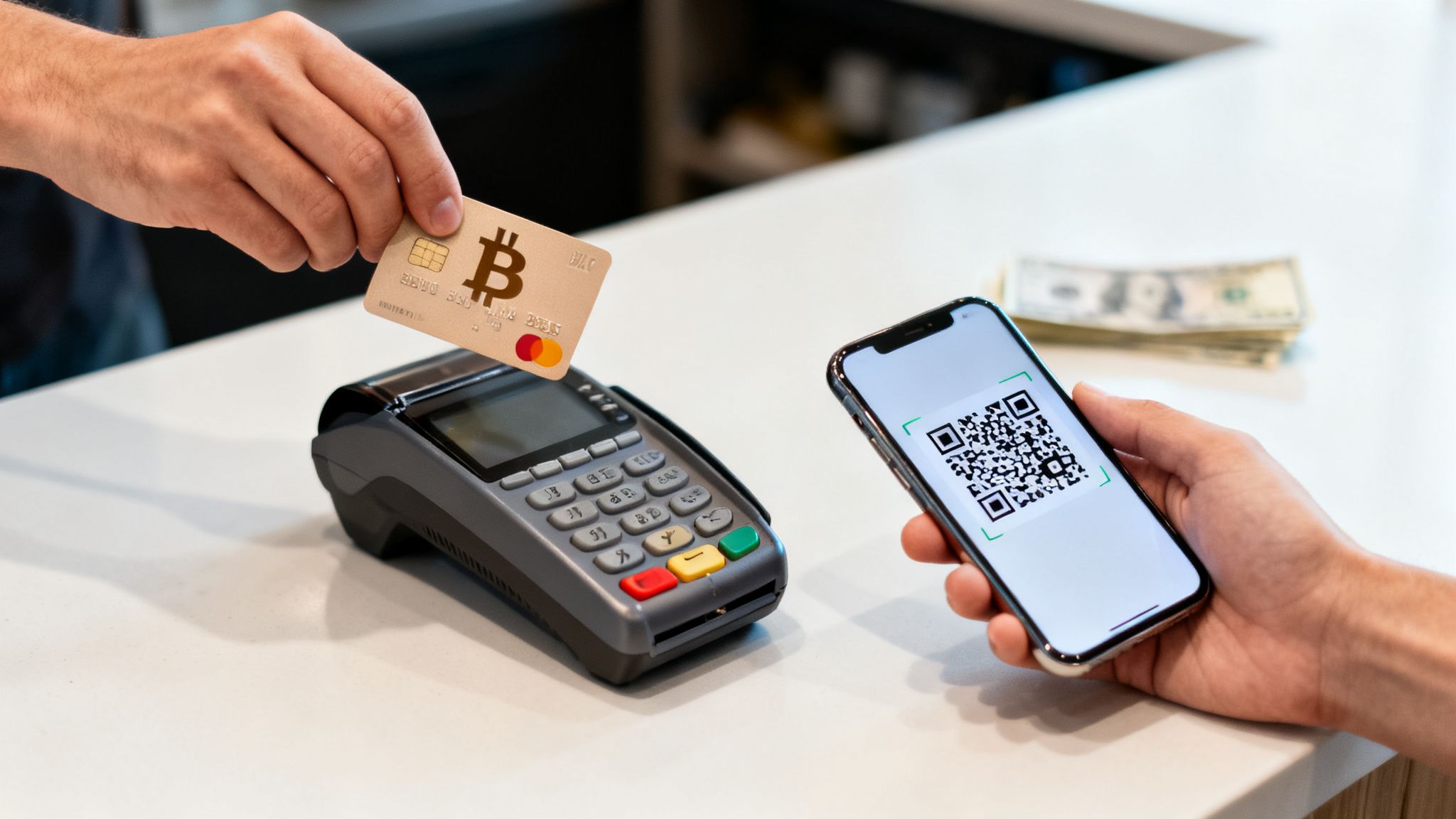 A person uses a Bitcoin credit card at a POS terminal, while another holds a phone with a QR code for digital payment.