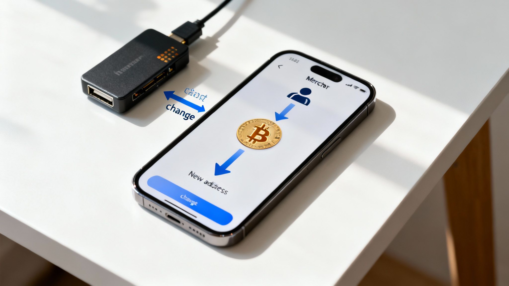 Smartphone displays a Bitcoin transaction process, connected to a hardware crypto wallet, with text 'can't change'.
