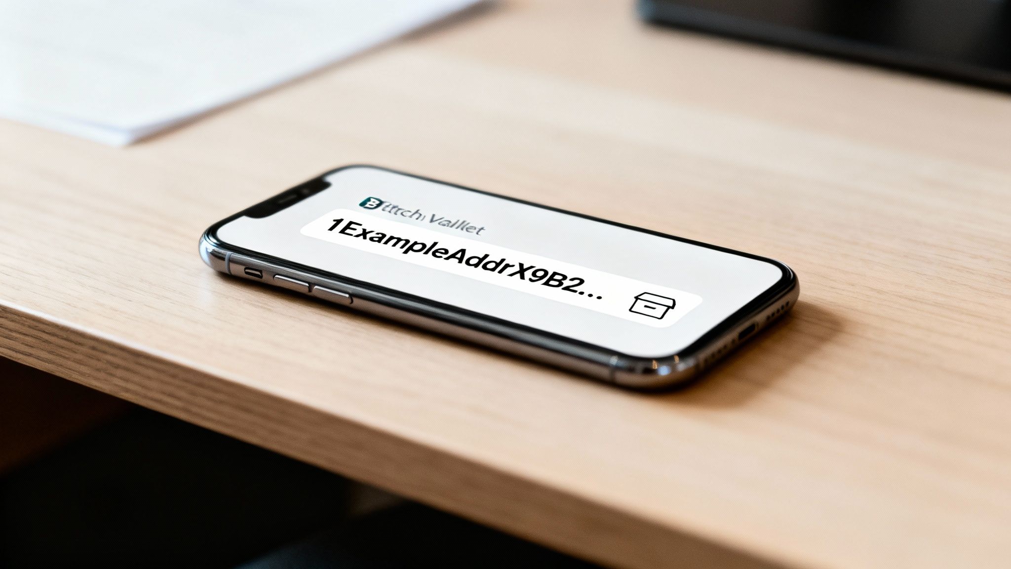 A smartphone on a wooden desk displaying a Bitcoin Wallet app with an example address.